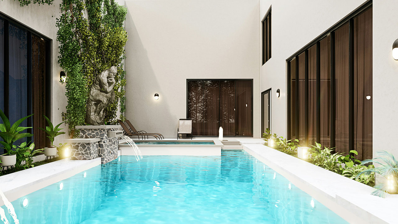 Modern swimming pool with water and deck details